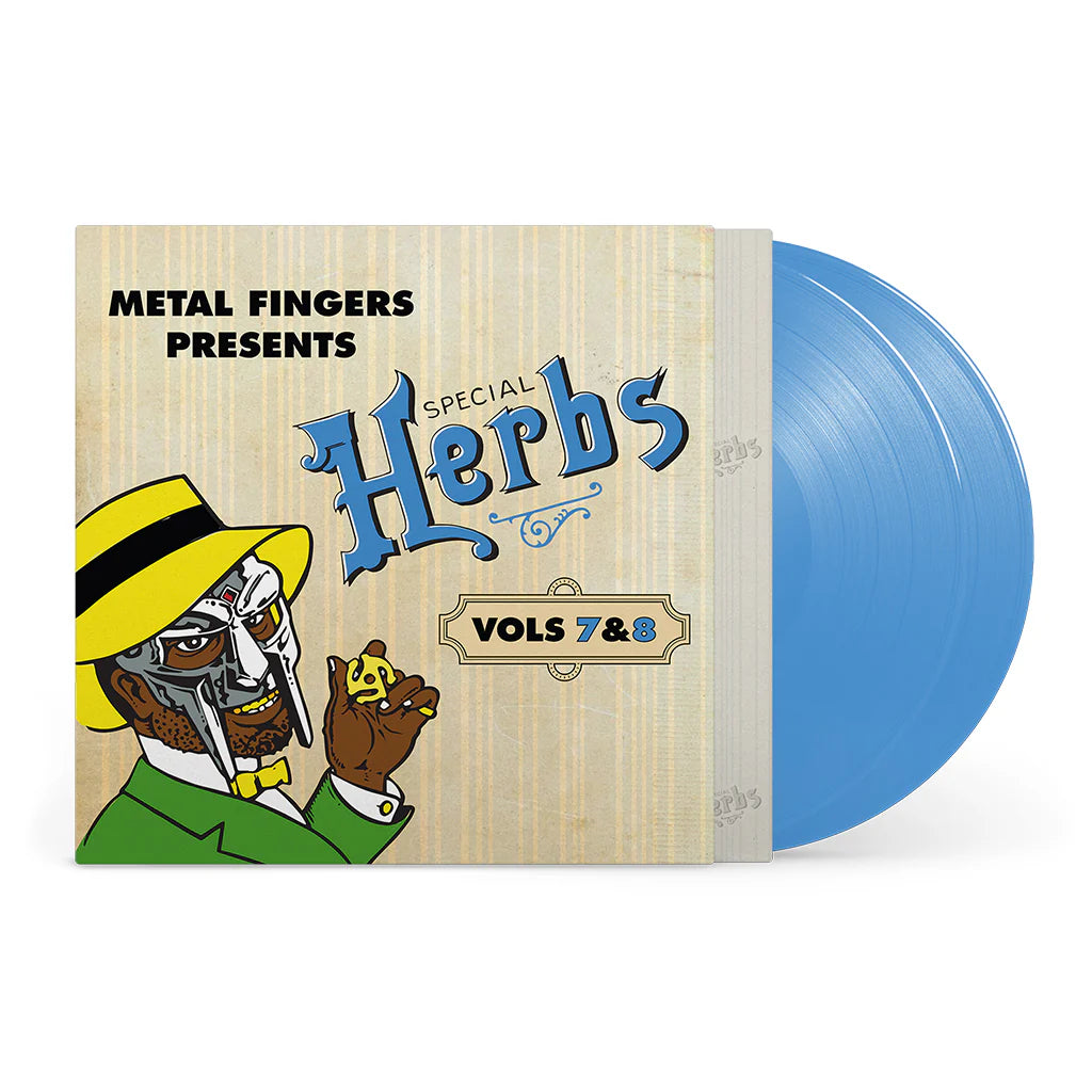 Vinyl record with a colorful cover featuring text and graphics, including a blue record.