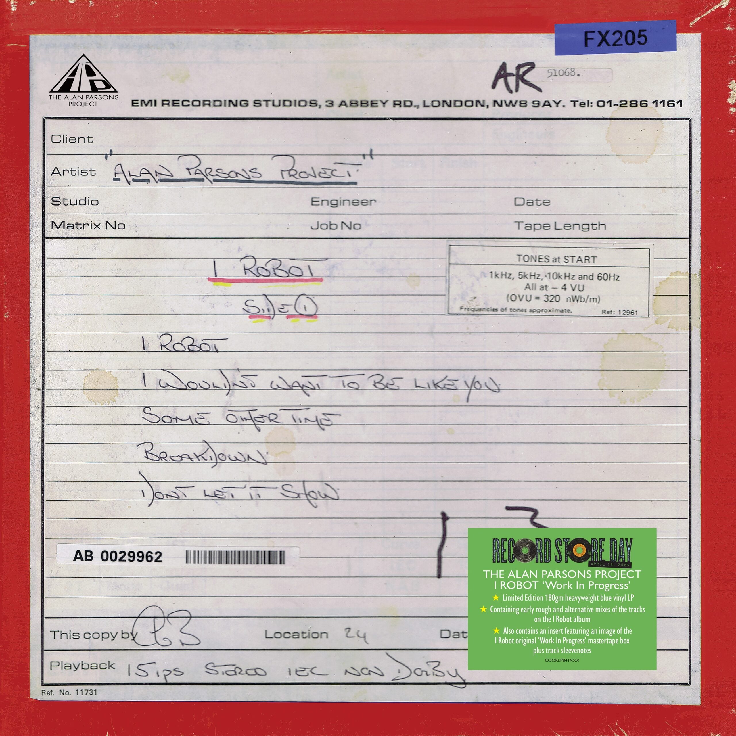 The Alan Parsons Project – I Robot “Work In Progress” LP (Limited Edition RSD 2025 Blue 180g Vinyl)